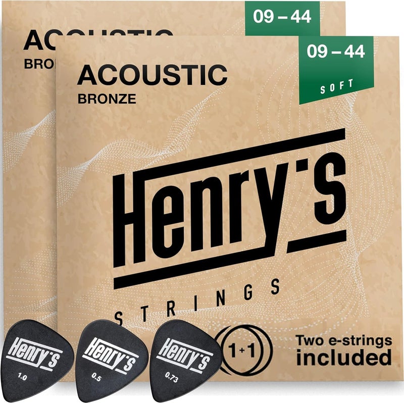 Henry's Strings 2-Pack Extra Light Acoustic Guitar Strings 09-44 - Easy On Fingers & Excellent Sound - Extra 2xE-1 String & 3xGuitar Picks - Super Light Acoustic Guitar Strings - Steel Guitar Strings Acoustic 6 Set - Image 1